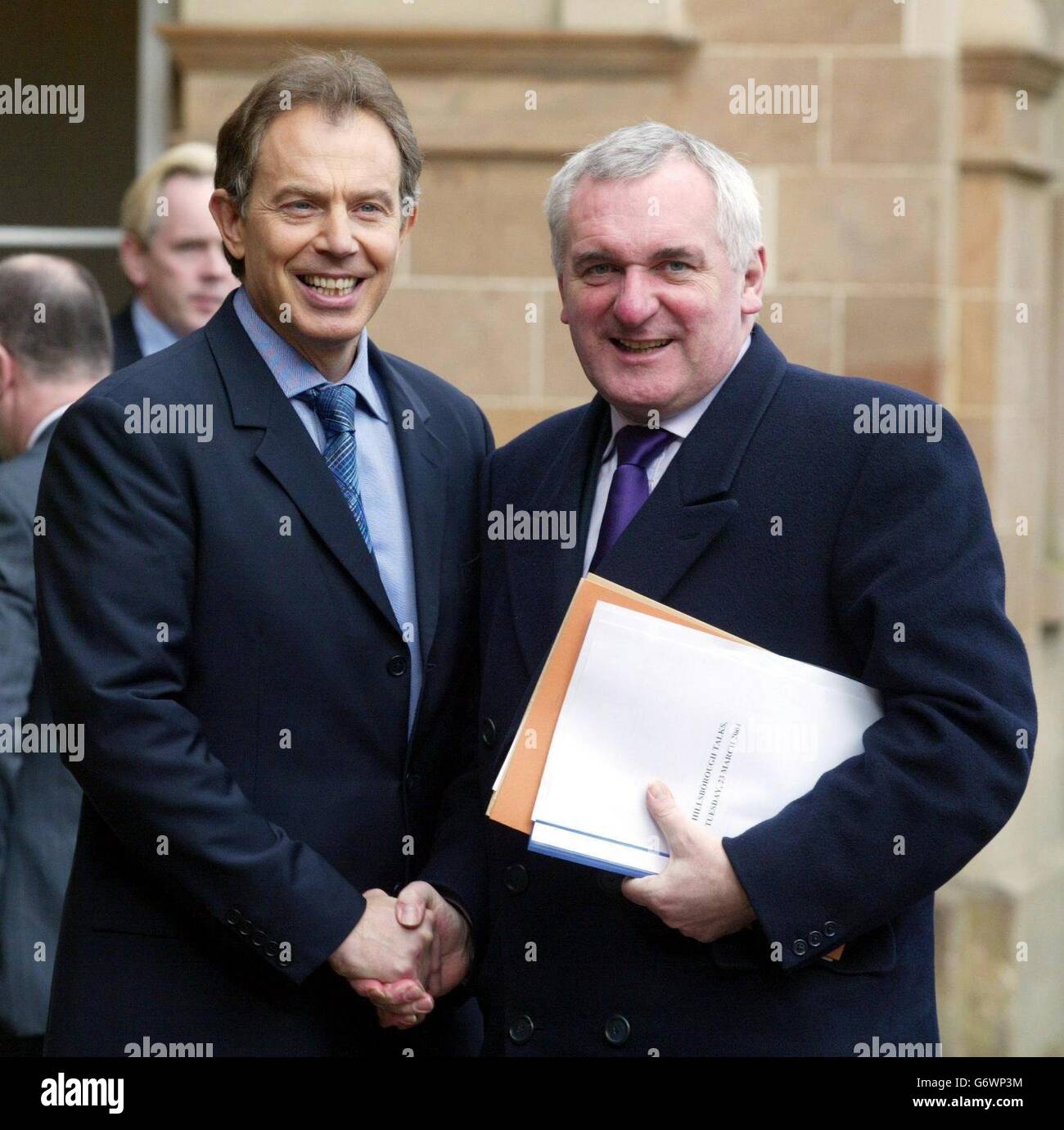 British Prime Minister Tony Blair (L) and Taoiseach Bertie Ahern, who have travelled to Hillsborough Castle, Belfast, for meetings with the Northern Ireland Assembly parties. The two prime ministers were due to launch a fresh bid today to breathe new life into efforts to restore Northern Ireland's Assembly. Stock Photo