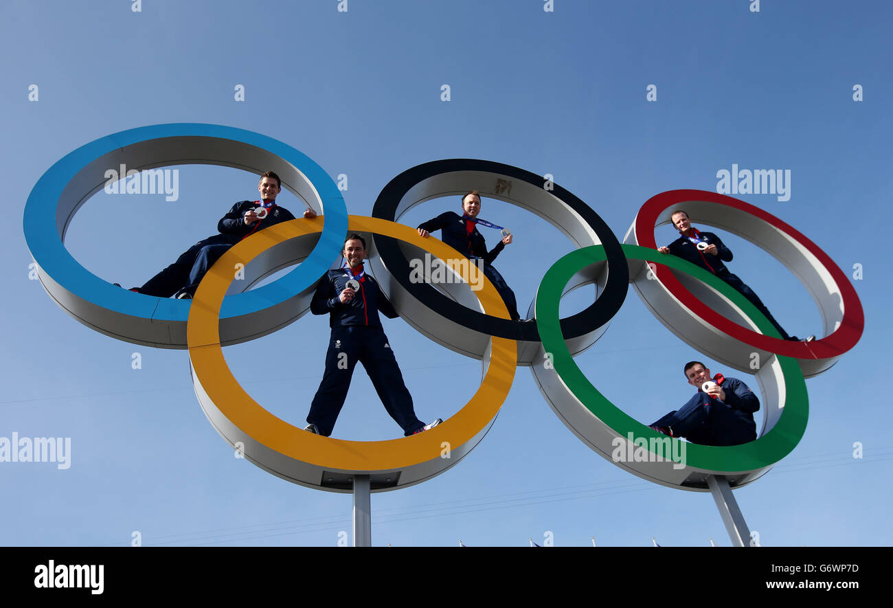 The Men's Curling team of (left to right) Scott Andrews, David Murdoch, Tom Brewster, Greg Drummond and Michael Goodfellow pose with their silver medals during the 2014 Sochi Olympic Games in Sochi, Russia. Stock Photo