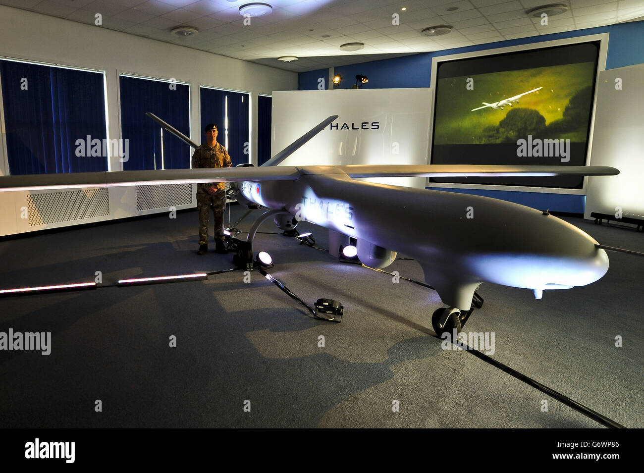 Reconnaissance and surveillance aircraft Watchkeeper is unveiled at Down, Wiltshire, at