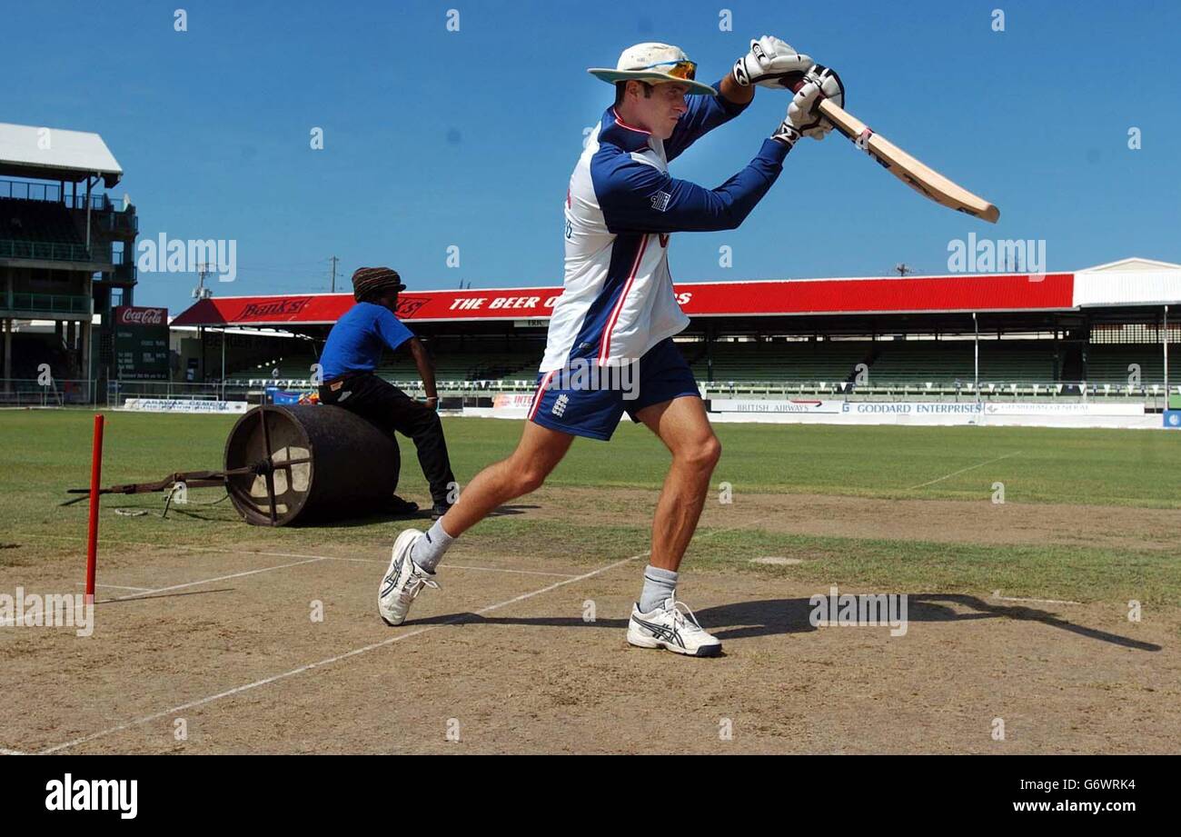 England captain Michael Vaughan practices his batting stroke on the Test wicket at Kensington Oval, Bridgetown, Barbados. England play West Indies in the 3rd Test match which starts on Thursday and lead the Series 2-0. Stock Photo