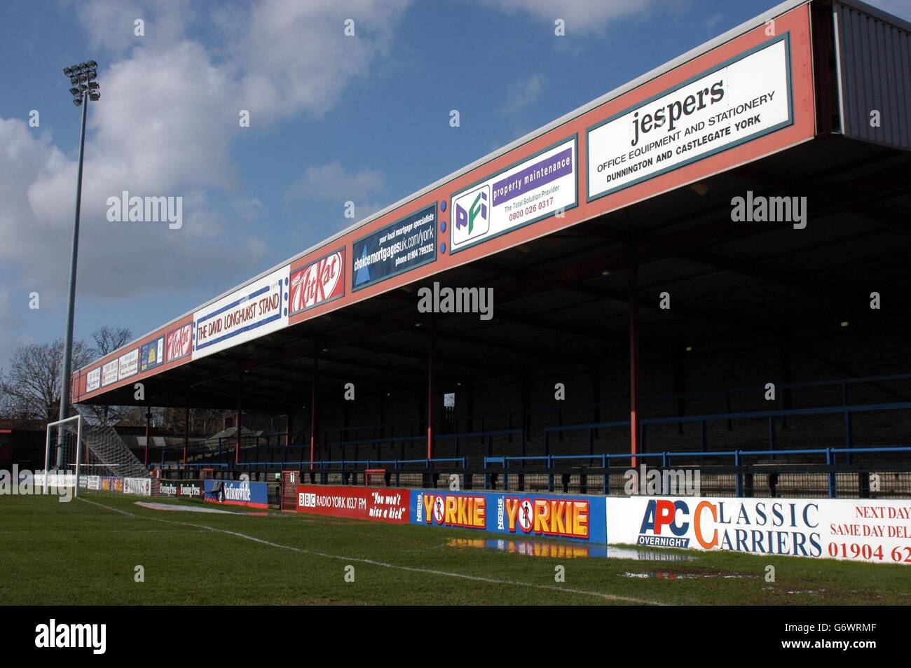 The David Longhurst stand at a washed out Bootham Crescent, York, where the Nationwide Third Division match between York City and Yeovil was cancelled due to the bad weather. Stock Photo