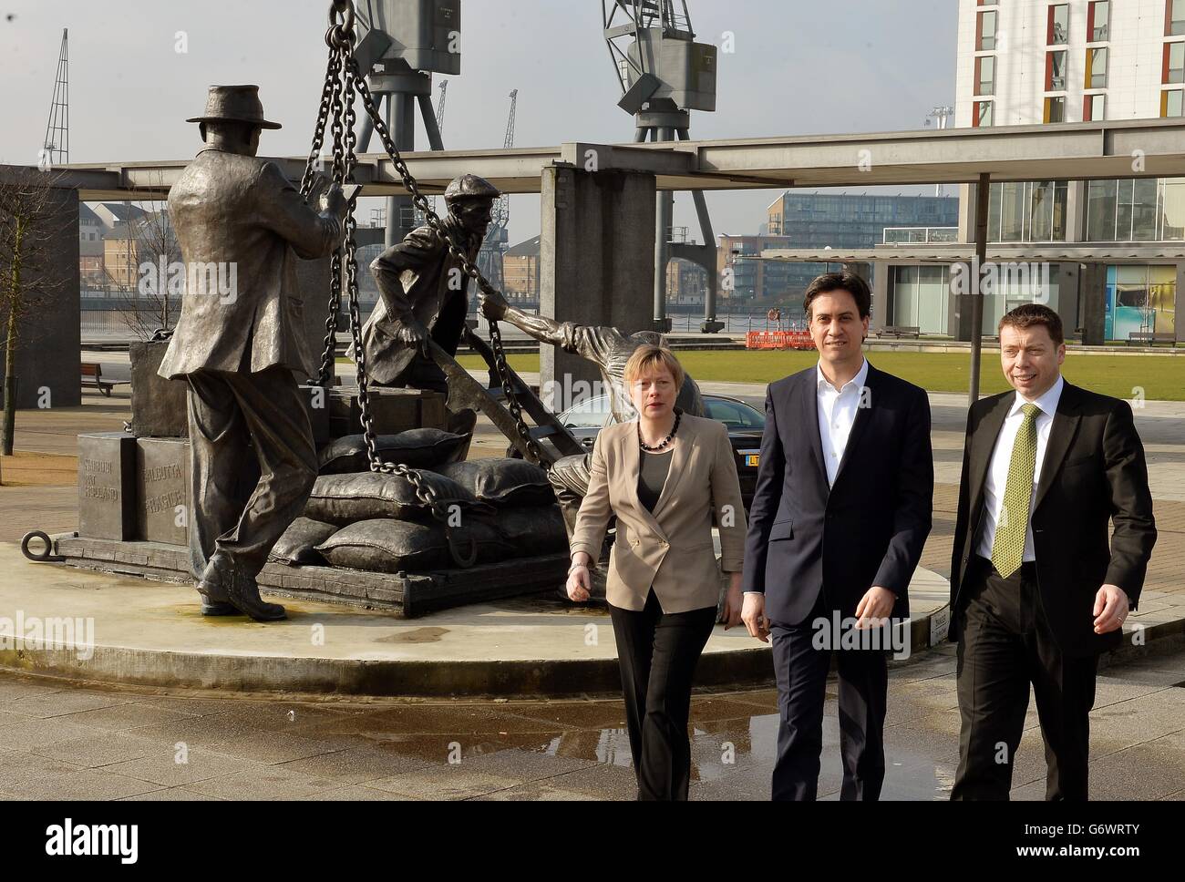 Labour Party Ed Miliband, with Angela Eagle and Ian McNicol, as he arrives at the ExCel Centre in Docklands in east London for a special conference. Stock Photo