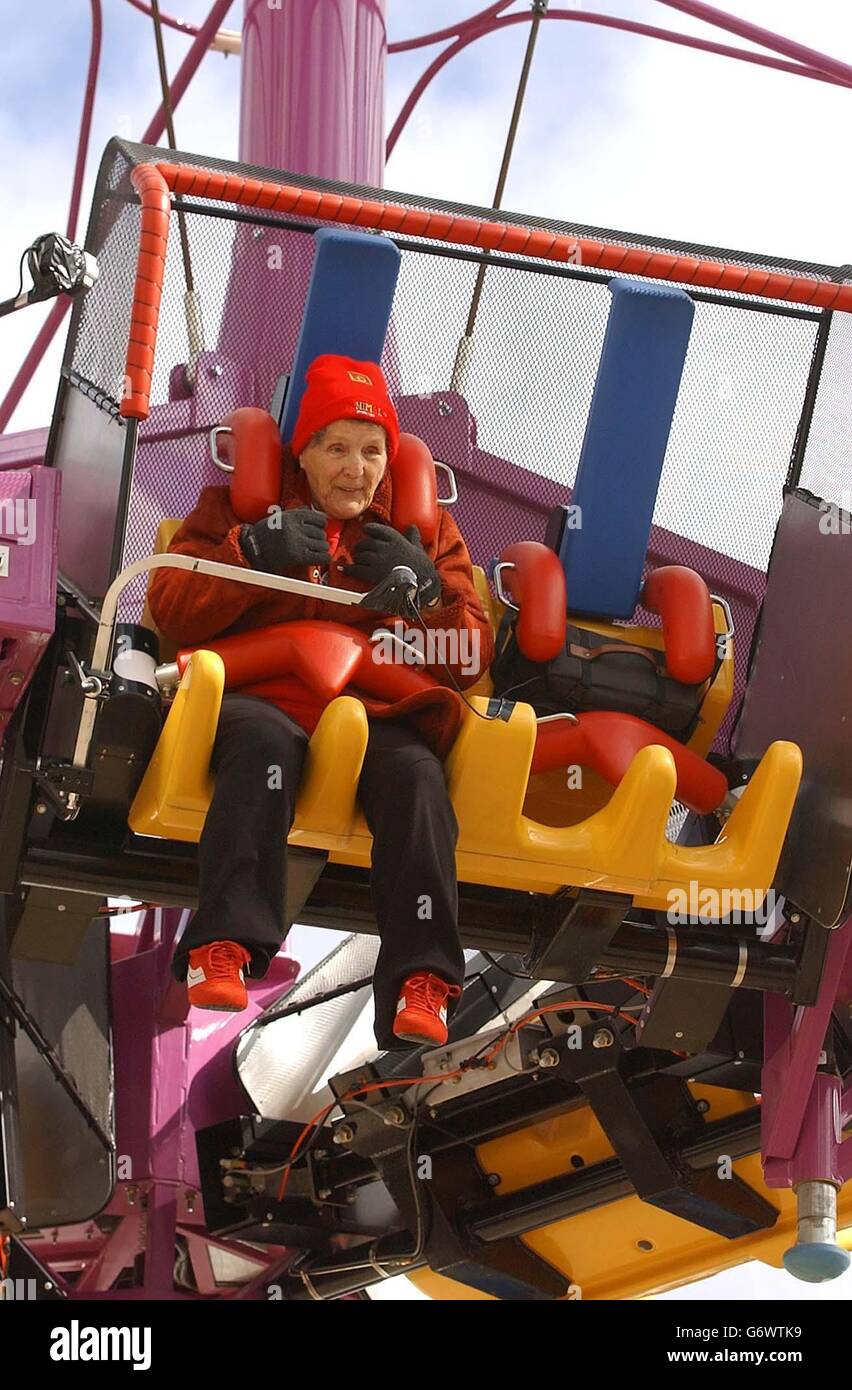Great-grandmother Mabel Swift MBE becomes the world's oldest test pilot as she is catapulted 300ft skywards in a reverse bungee jump at The Magical World of Fantasy island in Ingoldmells, Lincolnshire. Eighty three year-old Mrs Swift, from Bridlington, East Yorkshire, was honoured with an MBE in the Queen's New Year's honours list last year for her fund-raising activities. Stock Photo