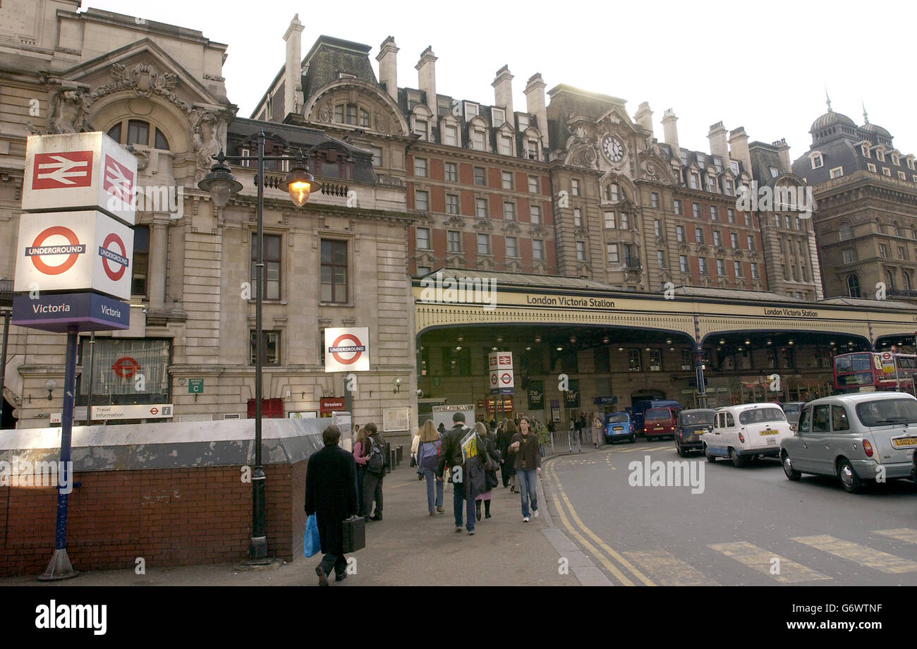 Victoria Station, opened in 1858, serves the Southern Commuter Belt, Kent and the South Coast. Victoria was originally two separate stations. Stock Photo