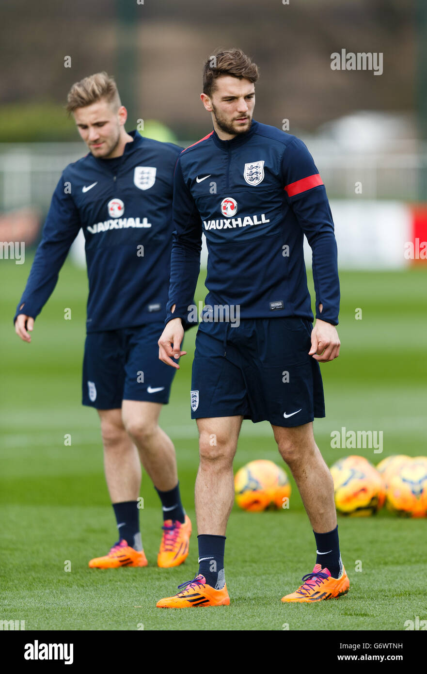 Soccer - International Friendly - England v Denmark - England Training Session - Enfield Training Centre. England's Jay Rodriguez, (right) and Luke Shaw, (left) during the training session Stock Photo