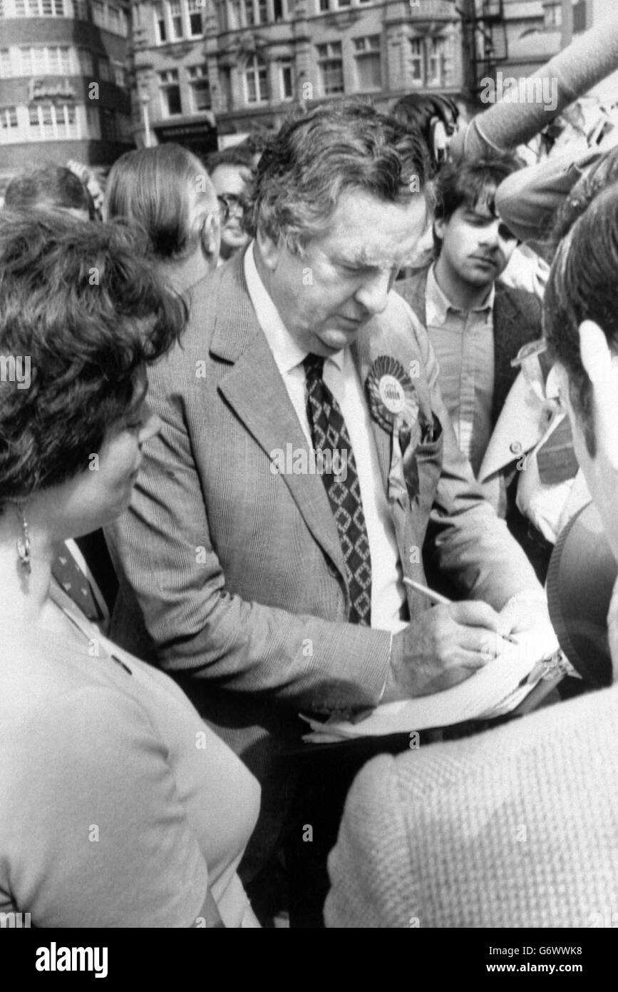 Labour MP Denis Healey signs an anti-nuclear petition during an election walkabout in Newcastle. Stock Photo