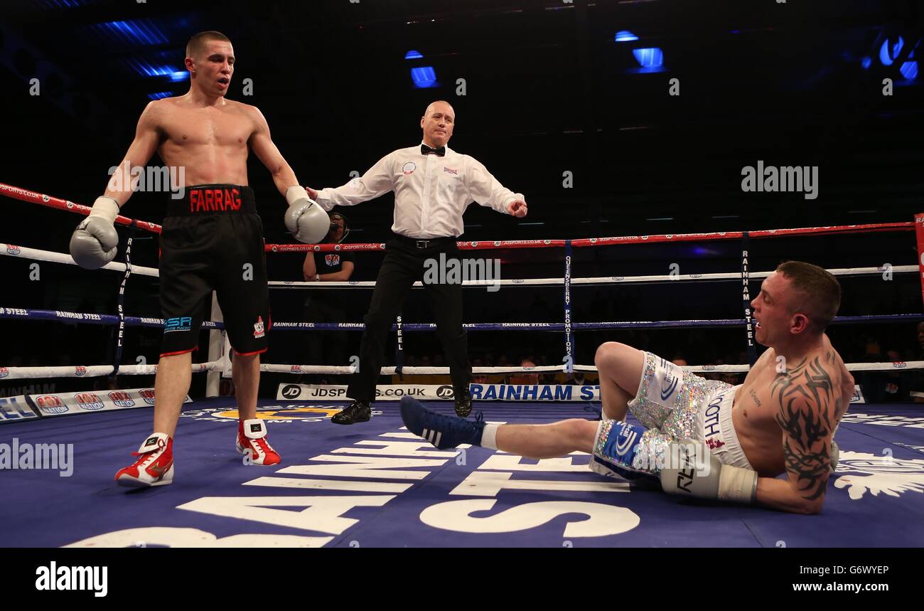 Jason Footh Ryan Farrag (left) knocks down Jason Booth in their Bantamweight ...