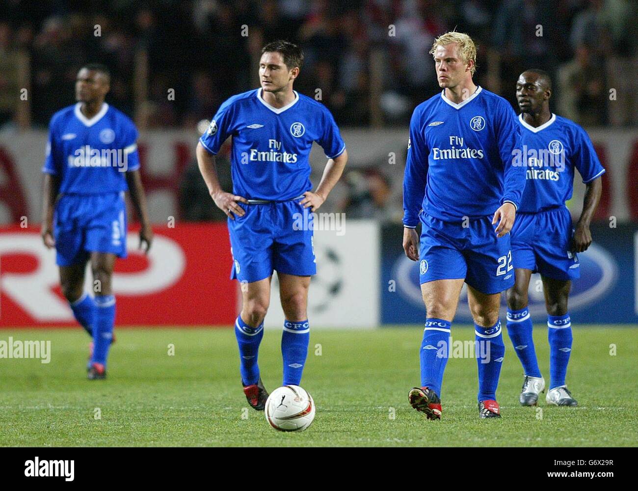 Chelsea players show their dejection after Monaco score during the UEFA Champions League semi final 1st leg match at the Stade Louis II in Monaco. Stock Photo
