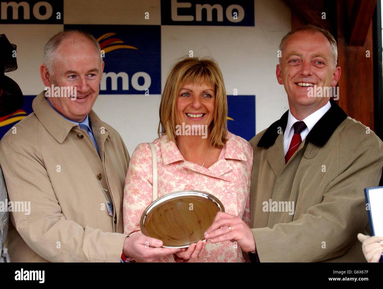 (From left-right) Danny Murray of Emo Oil presents Majella and Lar Byrne, owners of Hardy Eustace with the trophy after winning the Emo Oil Champion Hurdle at Punchestown. Stock Photo
