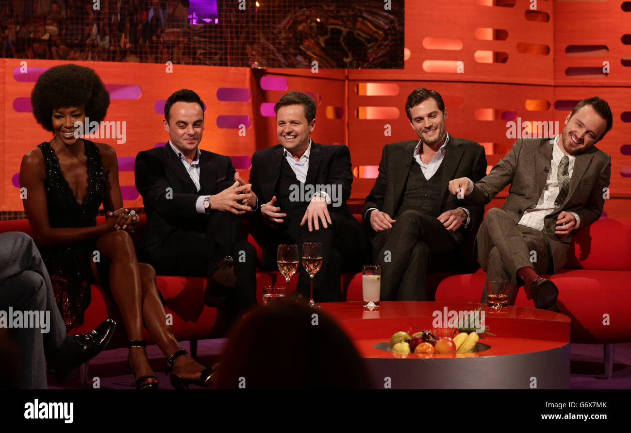 Guests (left to right) Naomi Campbell, Anthony McPartlin, Declan Donnelly, Jamie Dornan and Aaron Paul during the filming of the Graham Norton Show at the London Studios, south London, to be aired on BBC One on Friday evening. Stock Photo