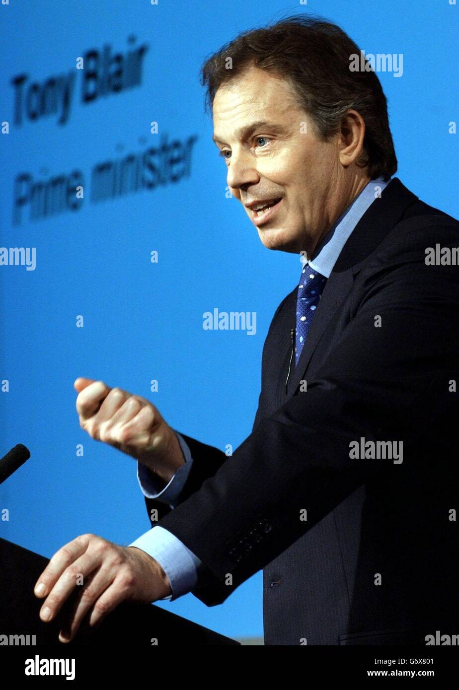 Britain's Prime Minister Tony Blair makes a speech to a joint Local Government and Home Office conference in central London. Where he promised police more powers to crack down on the 5,000 hard-core criminals responsible for 10% of all crime - about one million offences each year. Stock Photo
