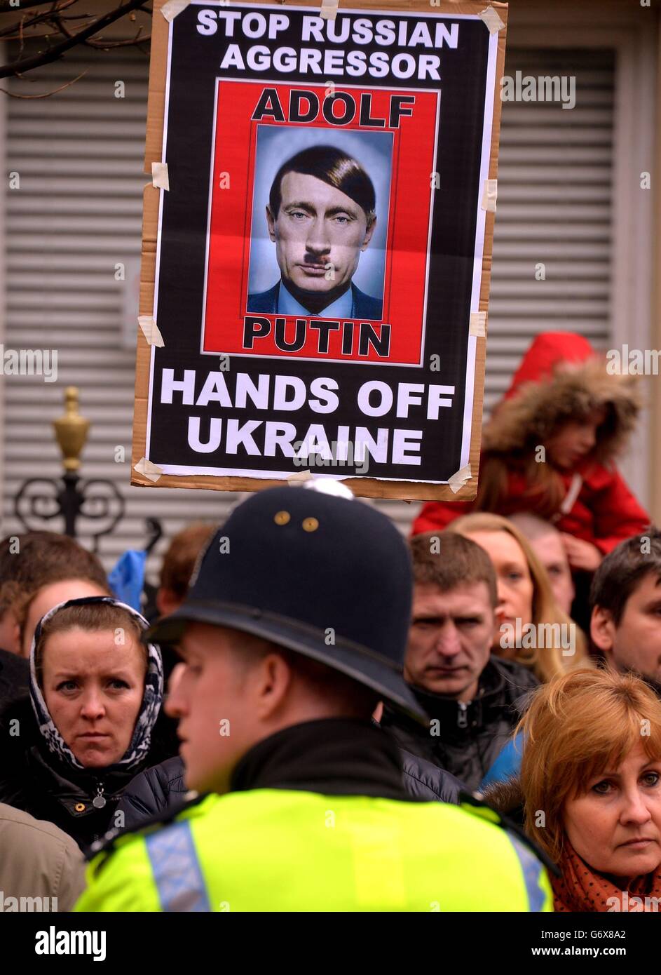 British-based Ukrainians gather outside the Russian Embassy in London to protest against the build-up of troops in the Crimea region. Stock Photo