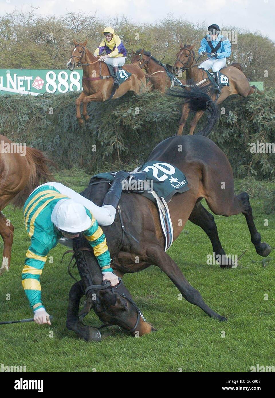 Liam Cooper in the colours of John McManus on Dark Room fall during the Martell Cognac Topham Trophy over the Grand National Course. Stock Photo
