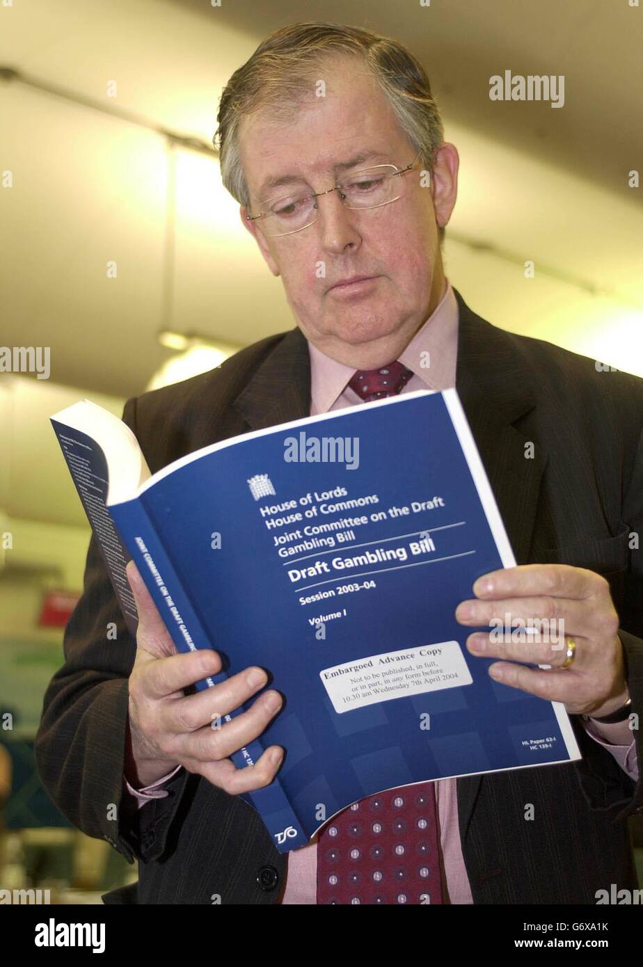 Lord McNally of Blackpool attends a news conference in Westminster, following the publication of a report by joint committee on the Draft Gambling Bill. The committee on the Bill called for careful monitoring of its impact, and restrictions on the development of Las Vegas-style super-casinos. Stock Photo