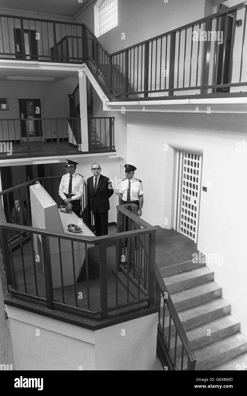 Chelmsford Prison, which closed following a serious fire in March 1978, is to re-open and its role changed to that of a Young Prisoner Centre, providing facilities for almost 250 young prisoners. Standing at the central control consul - the area where the fire broke out - are Governor Bill Guinan, alongside him are Chief Officer Douglas Branch (l) and Principal Officer Cedric Haynes. Stock Photo