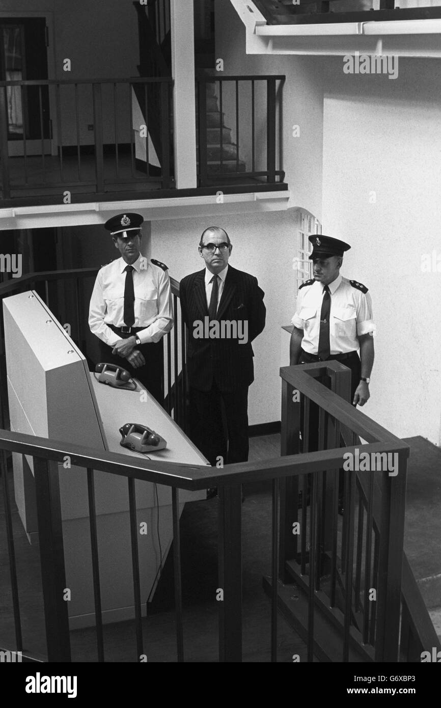 Chelmsford Prison, which closed following a serious fire in March 1978, is to re-open and its role changed to that of a Young Prisoner Centre, providing facilities for almost 250 young prisoners. Standing at the central control consul - the area where the fire broke out - are Governor Bill Guinan, alongside him are Chief Officer Douglas Branch (l) and Principal Officer Cedric Haynes. Stock Photo
