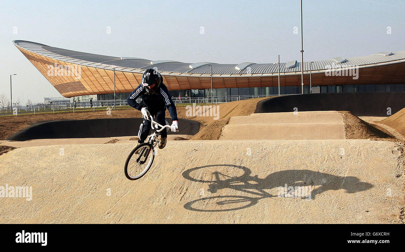 On the BMX Track, British Cycling BMX Coach John Stockwell during the photocall at Lee Valley VeloPark, London. Stock Photo