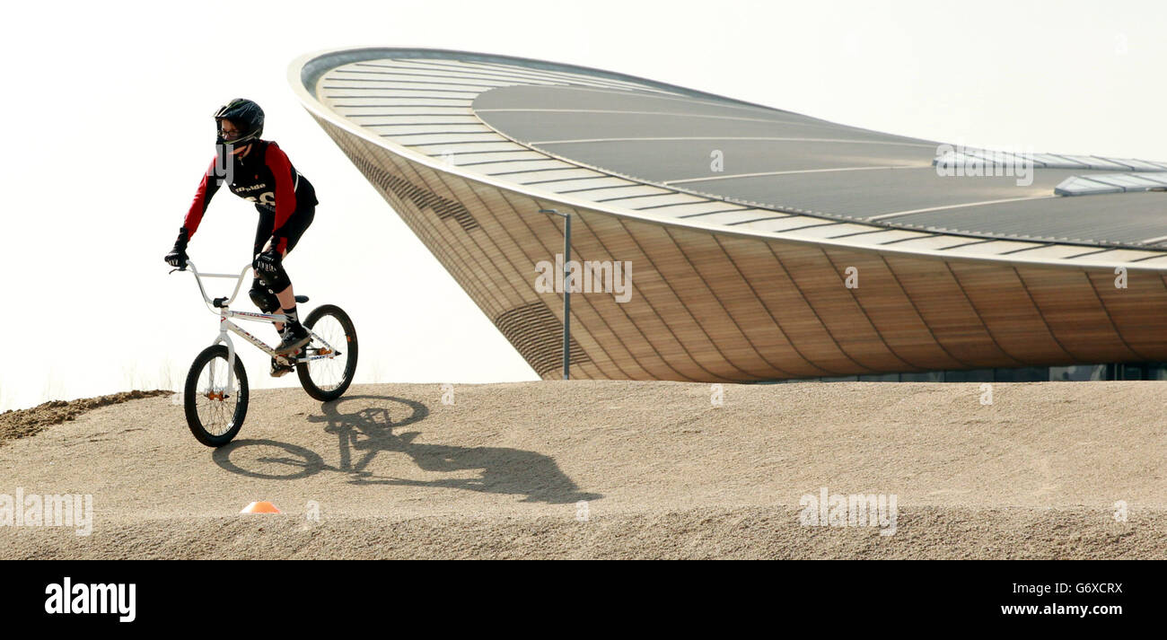 Bmx cyclist tries out bmx track photocall lee valley velopark hires stock photography and