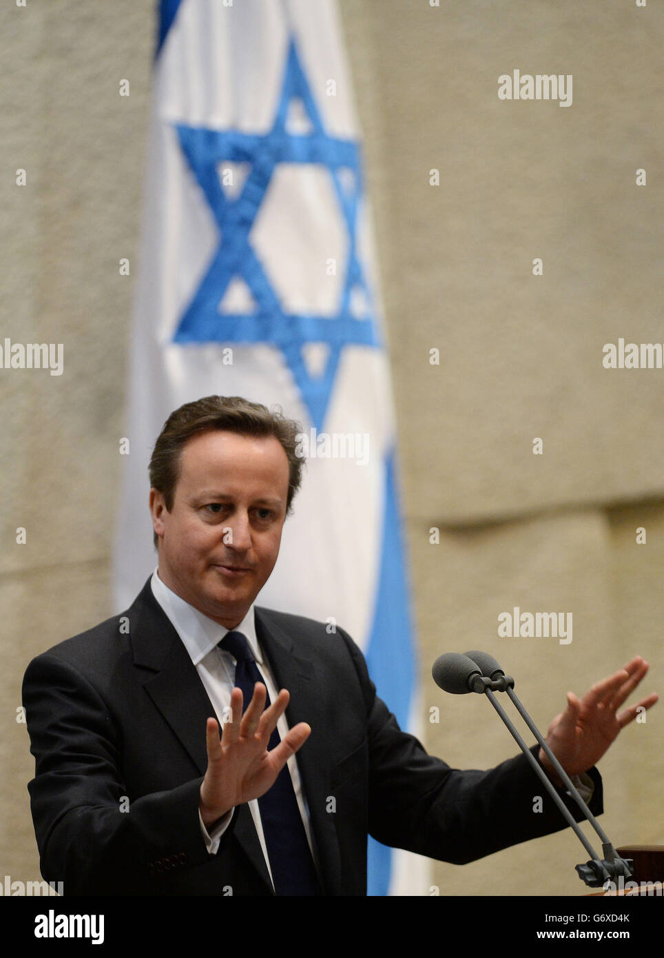 Prime Minister David Cameron addresses the Knesset, the Israeli parliament, on the first day of a two day visit to Israel. Stock Photo