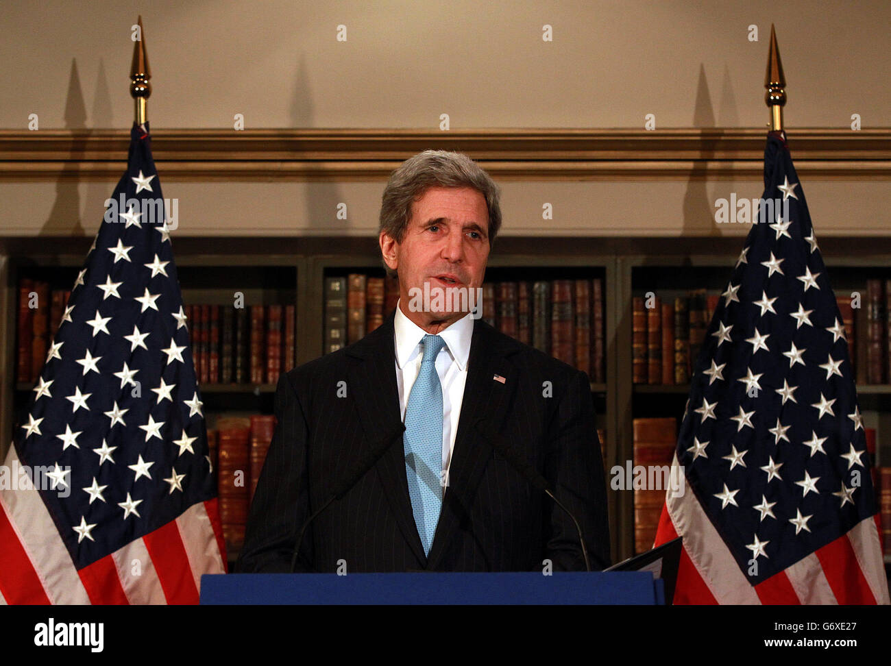 US Secretary of State John Kerry holds a press conference at the Churchill hotel after his meeting with Russian Foreign Minister Sergey Lavrov. Stock Photo