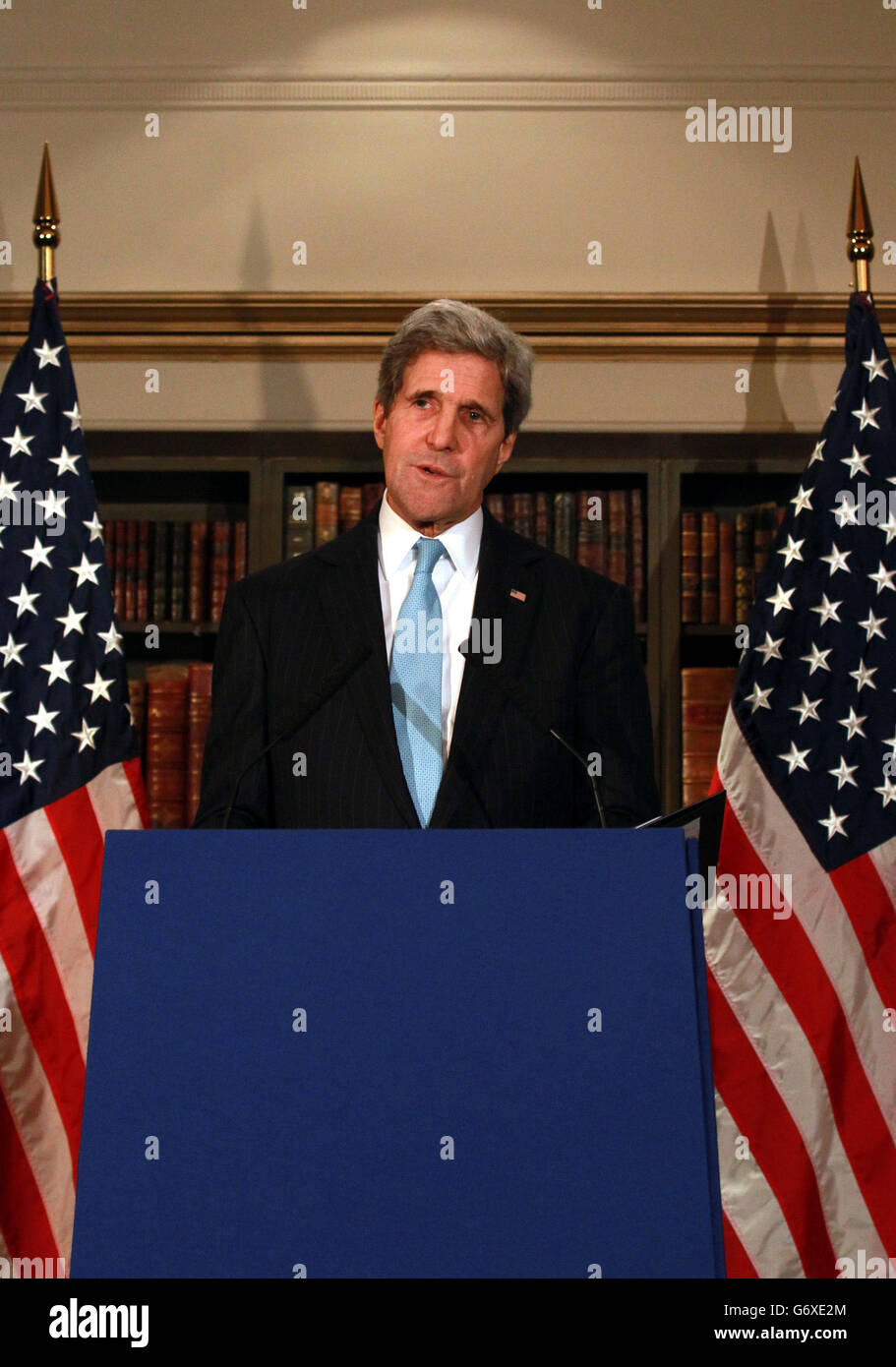 US Secretary of State John Kerry holds a press conference at the Churchill hotel after his meeting with Russian Foreign Minister Sergey Lavrov. Stock Photo