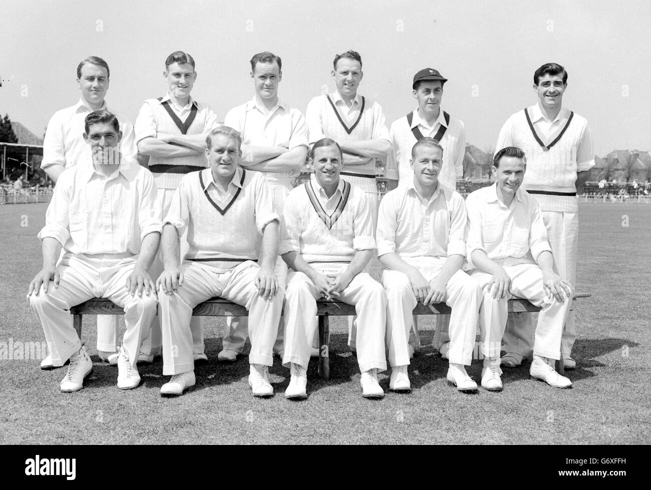 Players of the Yorkshire cricket team. Left to right: Back Row, Lister, Illingworth, Close, Appleyard, Booth, Trueman. Front Row, Wilson, Wardle, Hutton, Watson and Lowson. Stock Photo