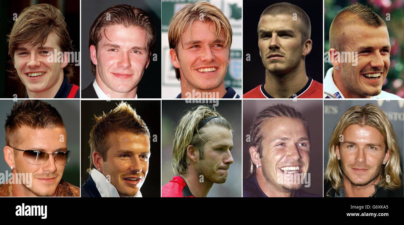 England Captain David Beckham, sporting an array of different hair-styles throughout his career. 19/04/2004: England captain David Beckham sported a new look Monday April 19, 2004, as he stepped out with wife Victoria in another public display of unity. Beckham opted for a close cropped look as the couple arrived at a 1 million private party at London's Royal Albert Hall just hours after his ex-Pa Rebecca Loos made a second TV appearance to talk about her alleged affair with the star. THESE PICTURES CAN ONLY BE USED WITHIN THE CONTEXT OF AN EDITORIAL FEATURE. NO WEBSITE/INTERNET USE UNLESS Stock Photo