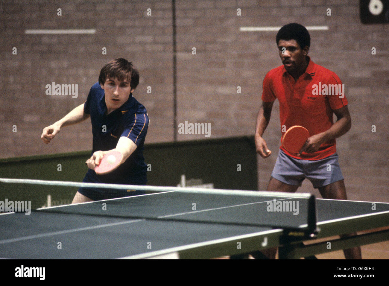 English table tennis player Paul Day with doubles partner Des Douglas.  circa 1980 Stock Photo - Alamy