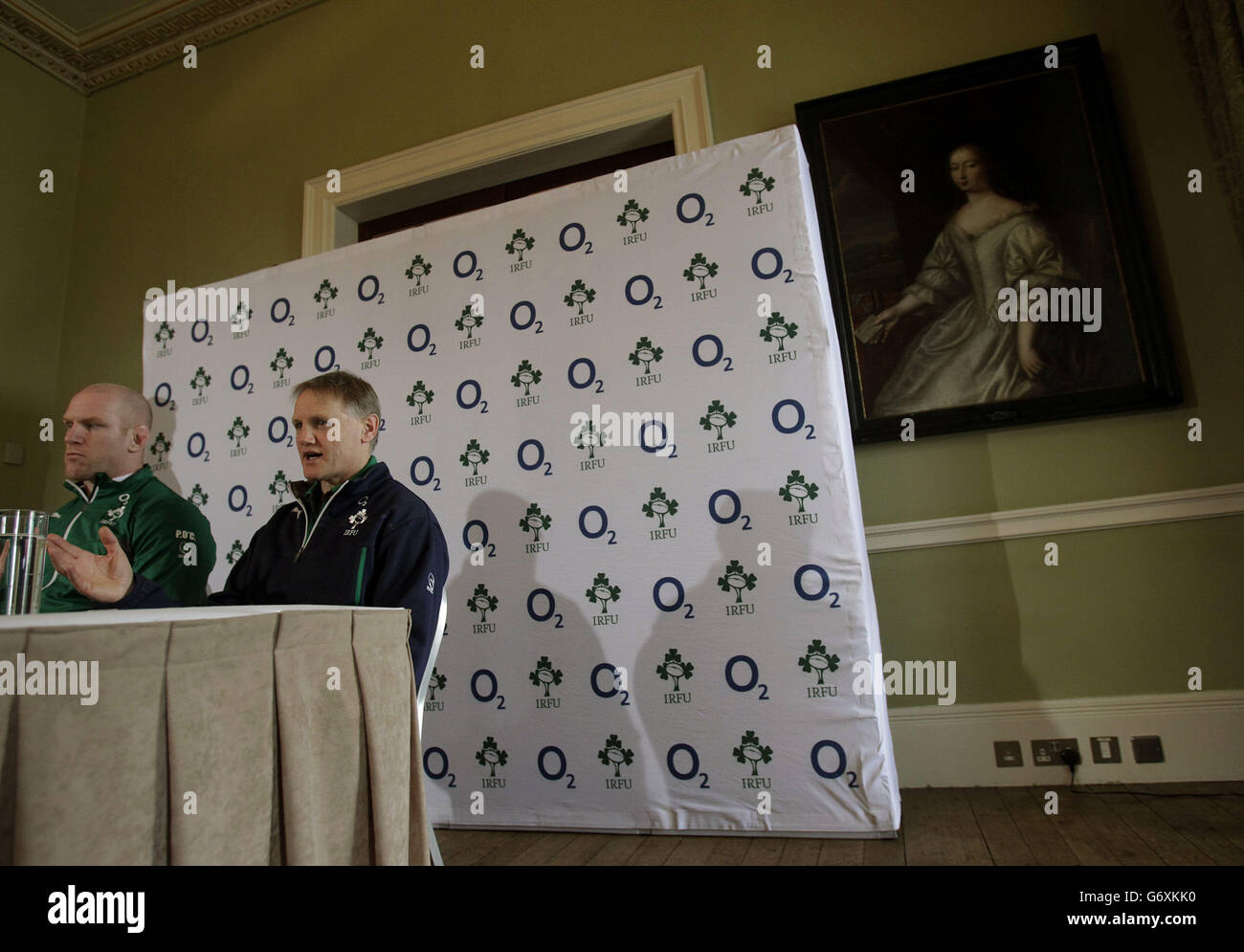 Ireland Head coach Joe Schmidt (right) and captain Paul O'Connell during a press conference at Carton House, Dublin. Stock Photo
