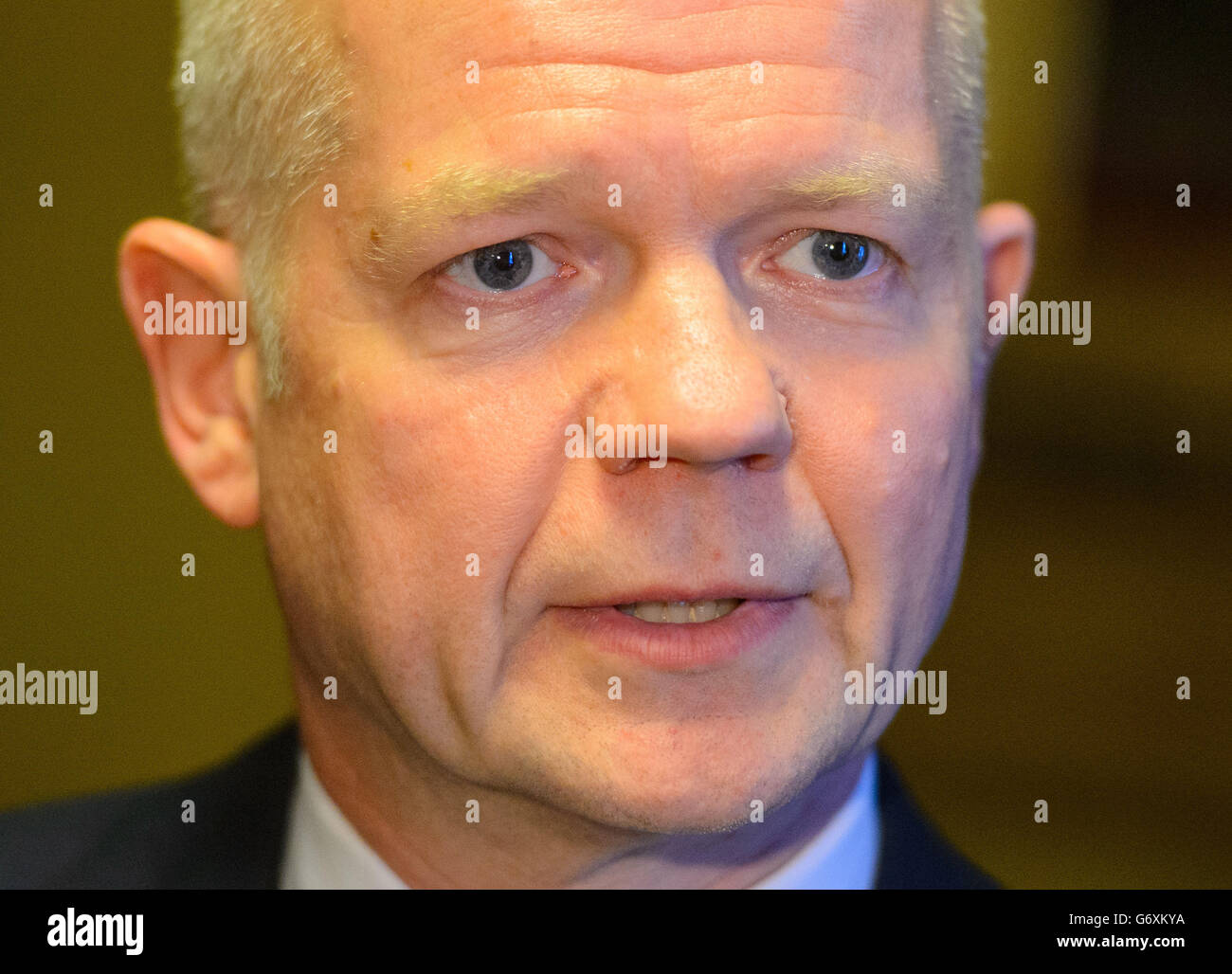 Foreign Secretary William Hague speaks at a press conference at the Foreign and Commonwealth Office, in Westminster, central London. Stock Photo