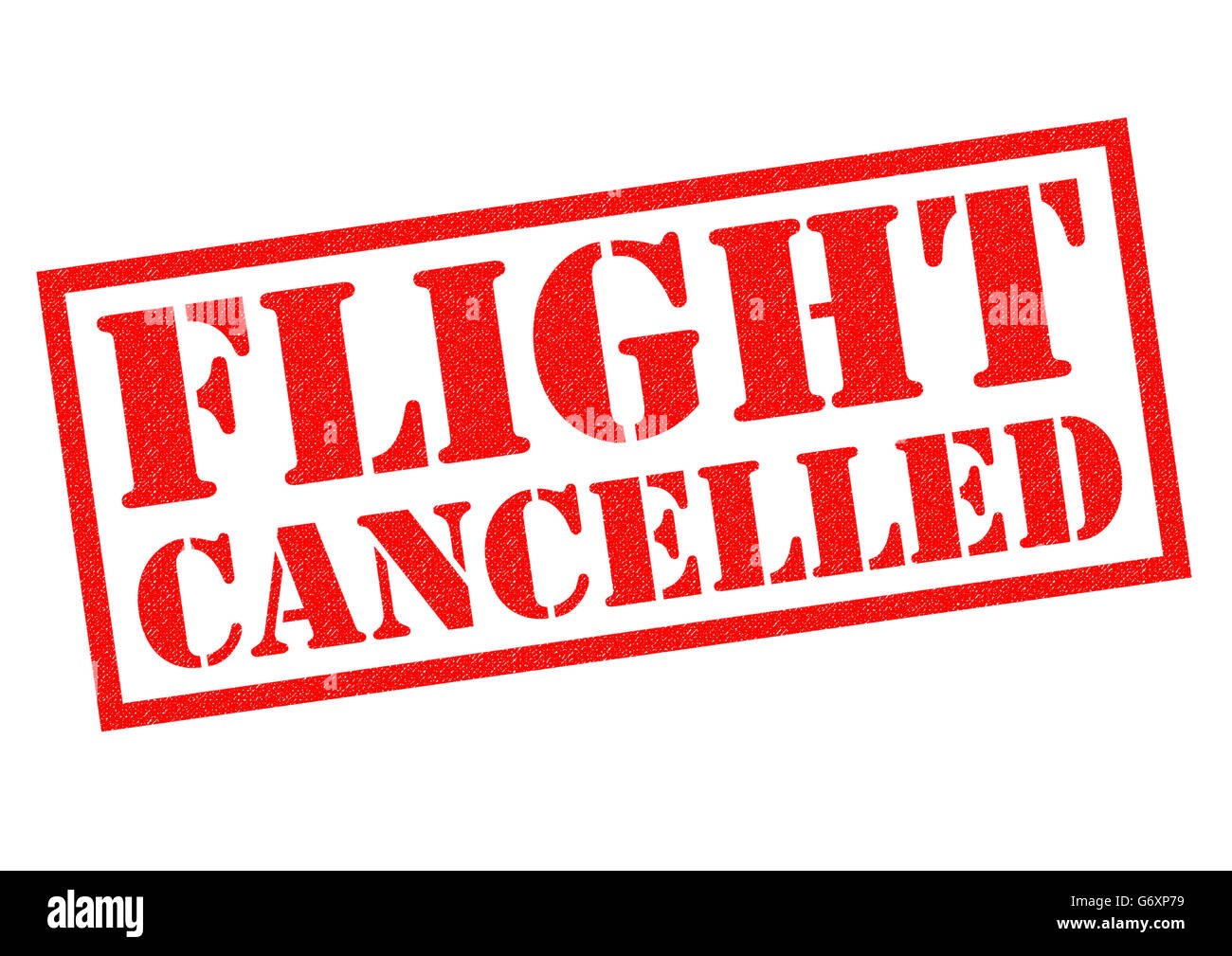 FLIGHT CANCELLED (British spelling) red Rubber Stamp over a white background. Stock Photo