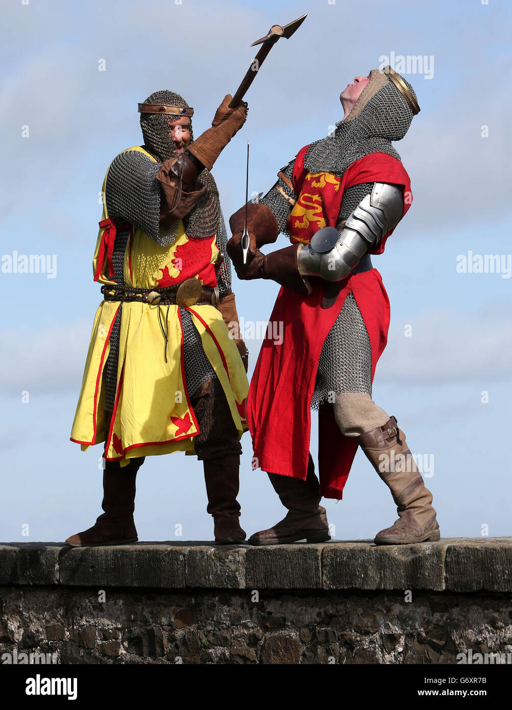 Roy Ramsey (left) as Robert the Bruce with Roy Murray as Edward II during the launch of the Bannockburn Live festival, at Stirling Castle, which will mark the 700th anniversary of the Battle of Bannockburn. Stock Photo