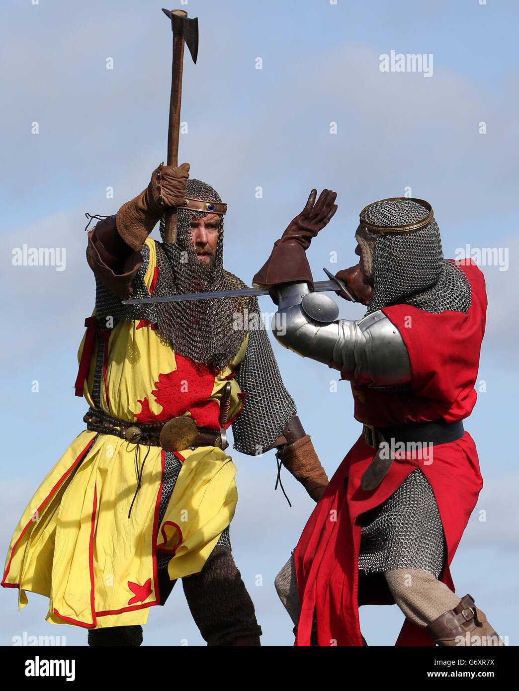 Roy Ramsey (left) as Robert the Bruce with Roy Murray as Edward II during the launch of the Bannockburn Live festival, at Stirling Castle, which will mark the 700th anniversary of the Battle of Bannockburn. Stock Photo