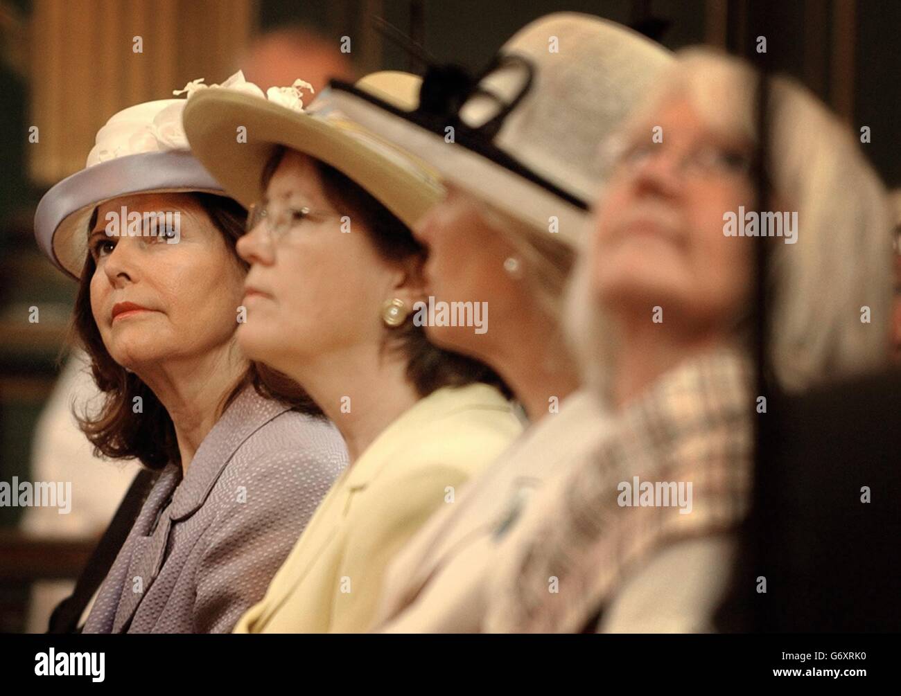 Queen Silvia of Sweden (left) attends a commemoration of the treaty of peace and commerce between Sweden and England at the Swedish Church in London, signed April 1654. Stock Photo