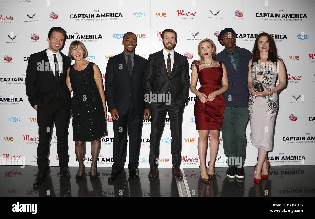 (left to right) Sebastian Stan, Jenny Agutter, Anthony Mackie, Chris Evans, Scarlett Johansson, Samuel L. Jackson and Hayley Atwell attending the Captain America: The Winter Soldier Premiere at the Vue Cinema, Shepherd's Bush Westfield, London Stock Photo