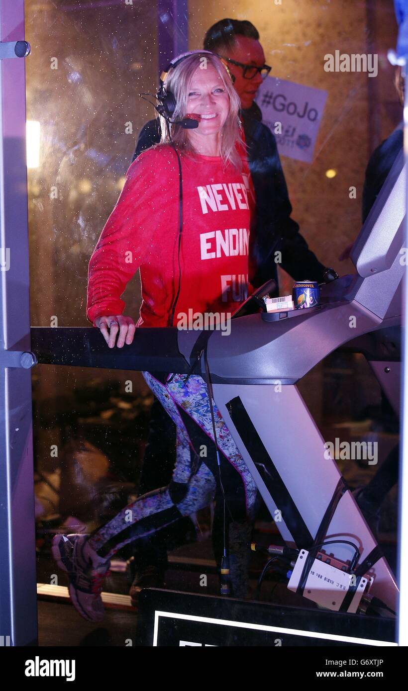 Jo Whiley during her 26-hour treadmill challenge in aid of Sport Relief outside BBC Broadcasting House, London. Stock Photo