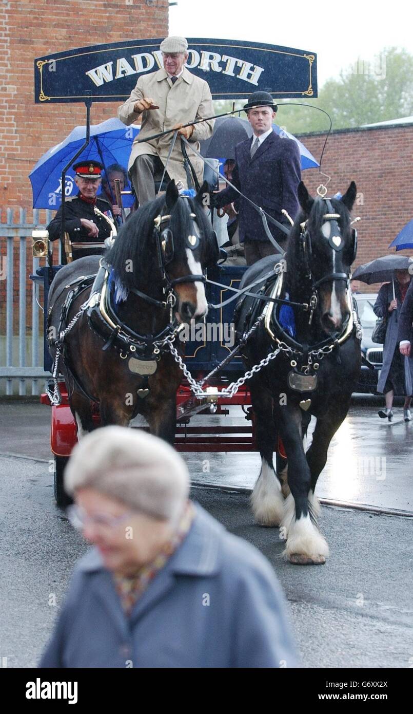 The Duke of Edinburgh (left) drives a horse-drawn Wadworth dray through the market town of Devizes in Wiltshire. The Duke was visiting Wadworth Brewery to mark the 30th anniversary of the reintroduction of the working horses which have become a familiar and popular sight in the Wiltshire town as they make their daily deliveries. Stock Photo