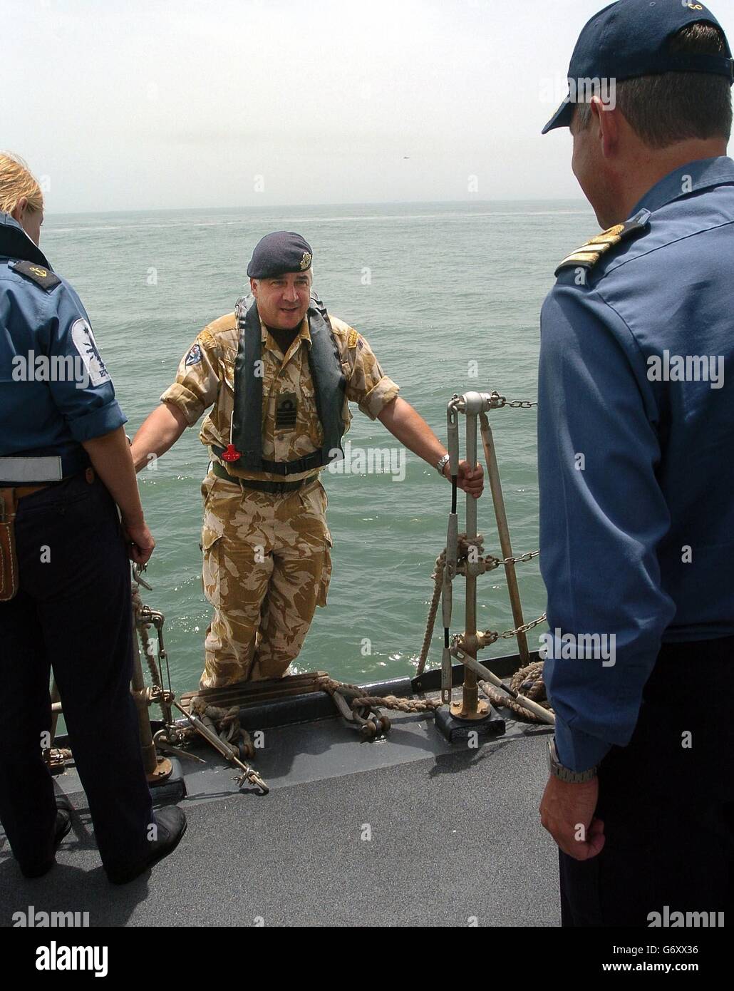 Captain John Murphie arrives on HMS Grafton to launch the first two vessels for the newly-formed Iraqi Coastal Defence Force. The Type 23 Frigate is currently patrolling the waters off the coast of Iraq. The first vessels belonging to a ICDF were officially launched today. The coalition hopes the ICDF, which is described as 'more than a coastguard but without the attack capacity of a navy', will eventually take over responsibility for security in Iraqi waters. Stock Photo