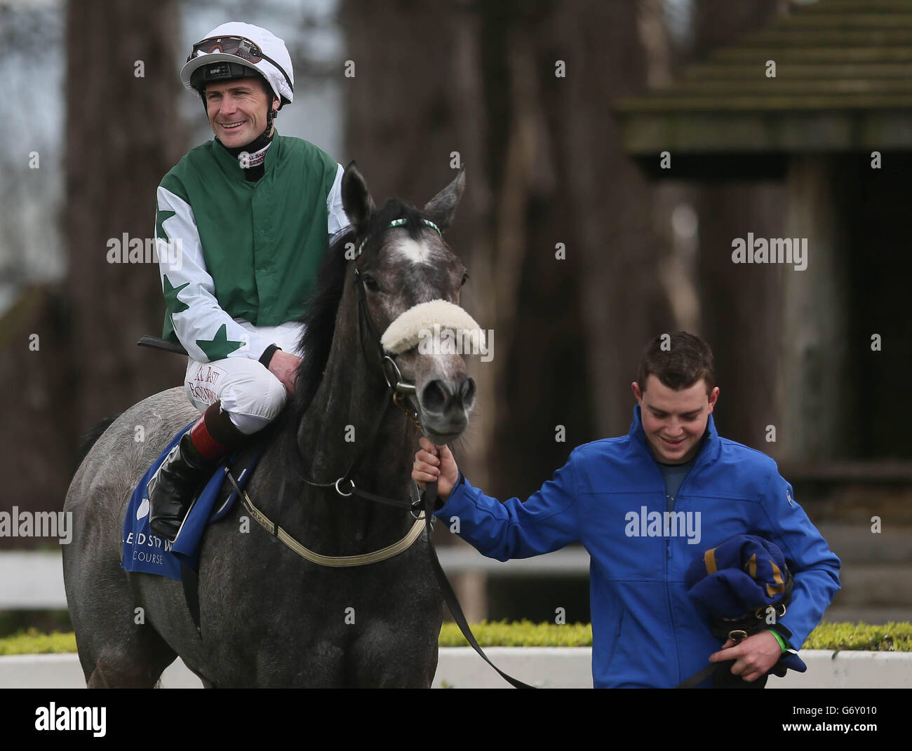 Pat Smullen smiles after winning The Leopardstown 2,000 Guineas Trial Stakes on Go For Goal during the Guineas Trials day at Leopardtown Racecourse, Dublin, Ireland. Stock Photo