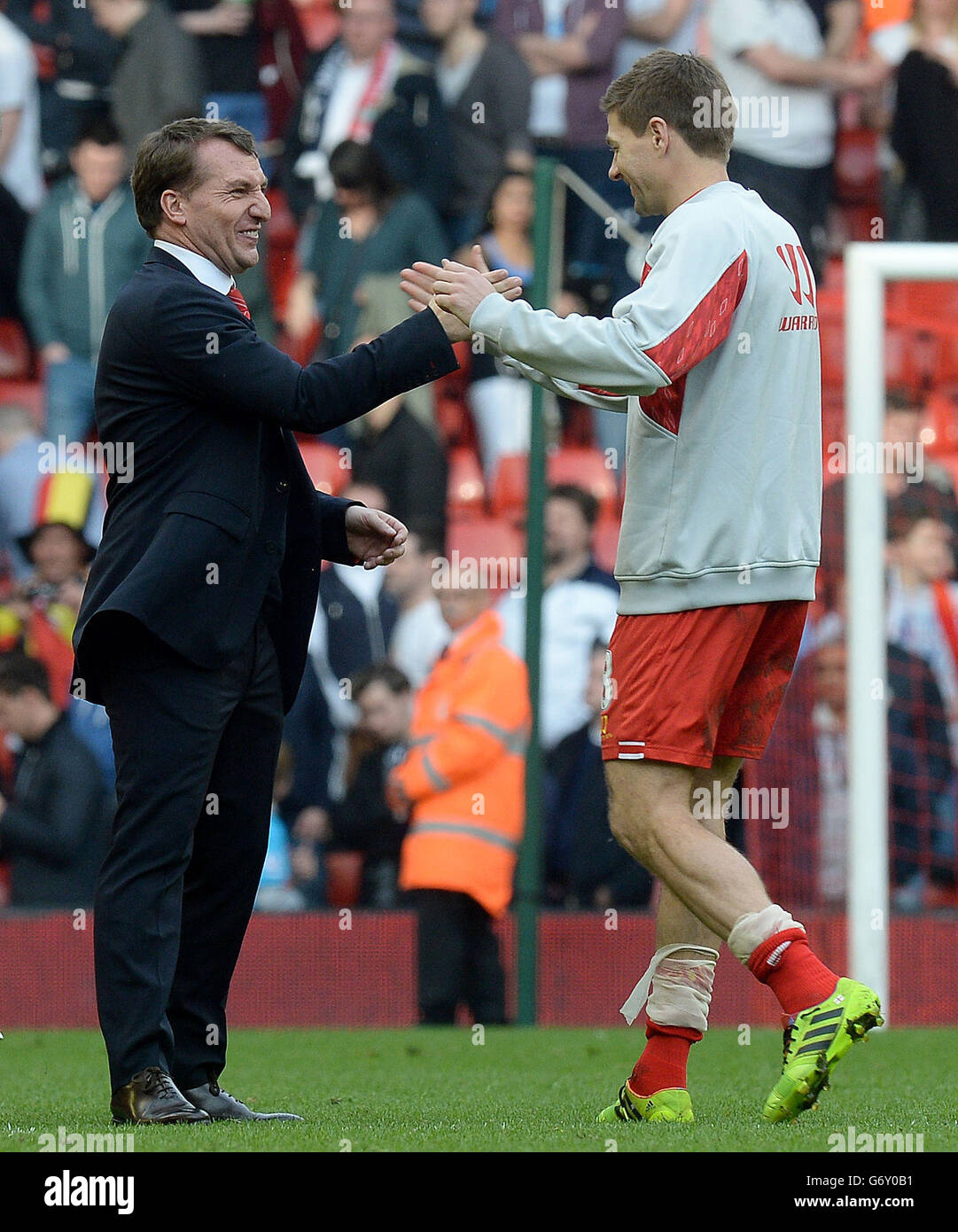 Liverpool Manager Brendan Rodgers Celebrates With Steven Gerrard After His Teams 4 0 Win Against Tottenham Hotspur During The Barclays Premier League Match At Anfield Liverpool Stock Photo Alamy Liverpool Manager Brendan Rodgers Celebrates With Steven Gerrard After His Teams 4 0 Win Against Tottenham Hotspur During The Barclays Premier League Match At Anfield Liverpool Stock Photo Alamy