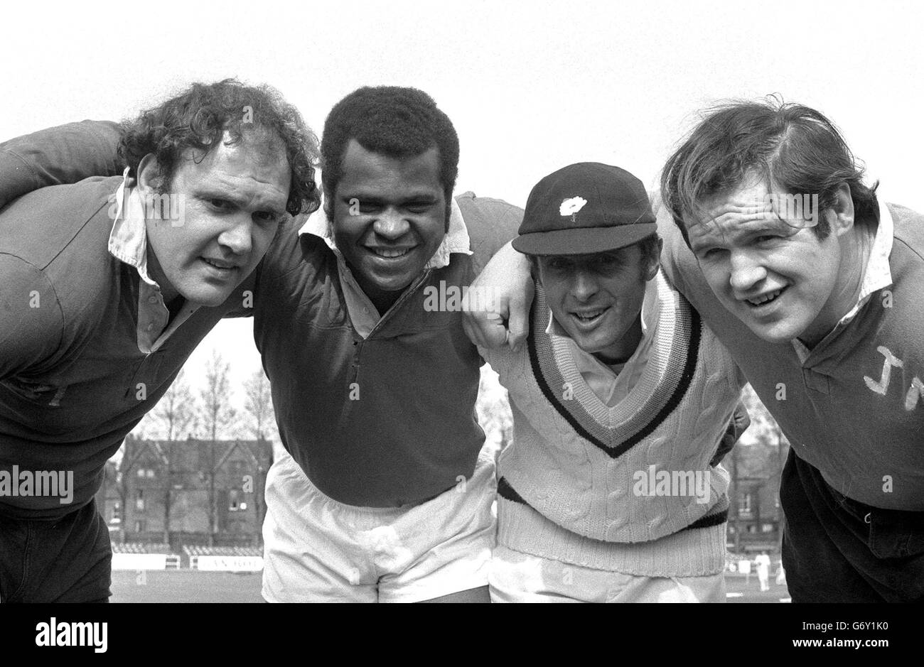 Getting the lowdown on rugby league at Headingley, Leeds, is England and Yorkshire cricketer Geoff Boycott (second right). Letting Geoff in on the game's secrets are (l-r) Terry Clawson, Colin Dixon and Jim Mills. Stock Photo