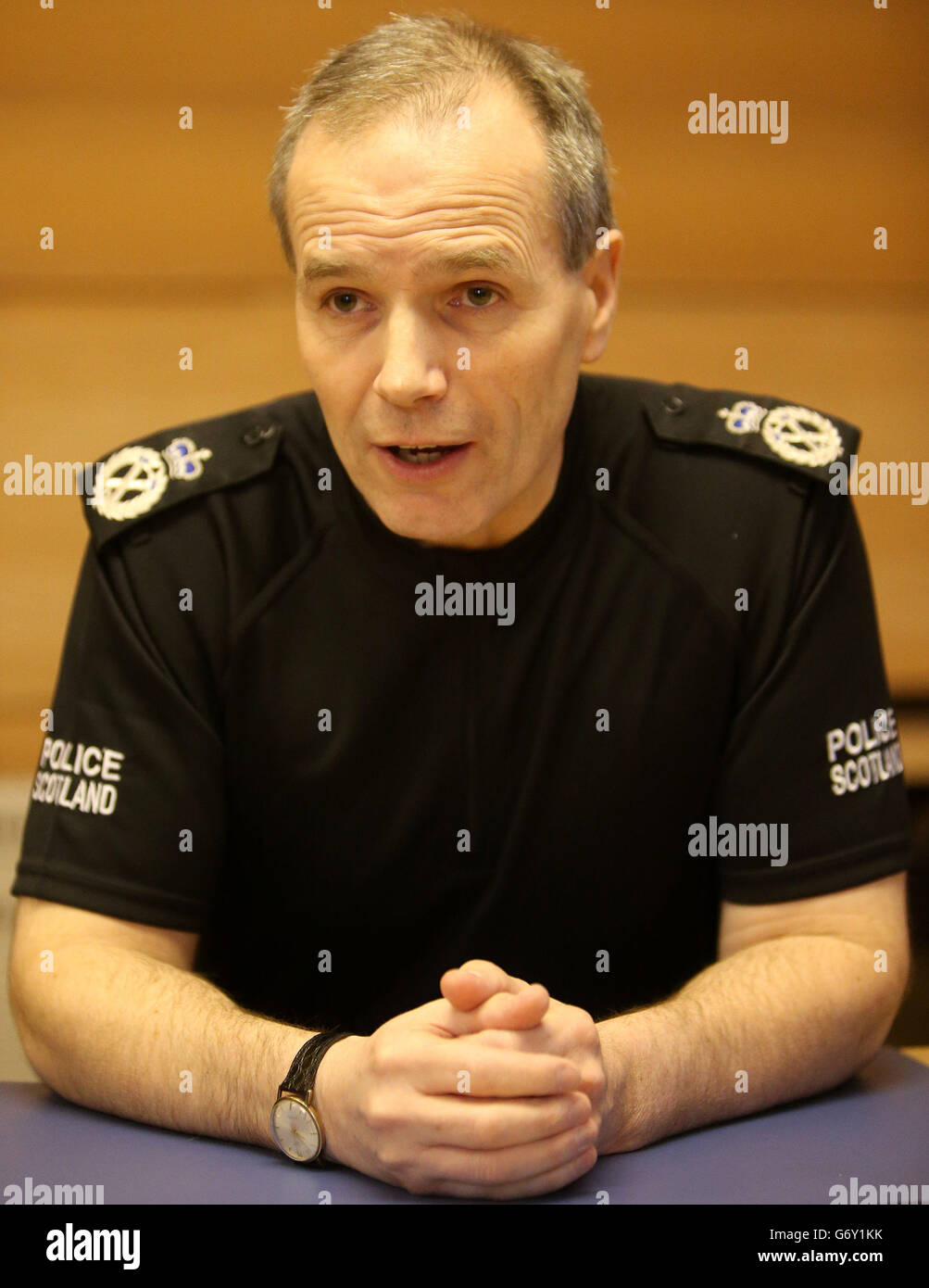 Police Scotland Chief Constable Sir Stephen House during a community policing briefing at Forth Valley Divisional Headquarters in Falkirk, Scotland, a year on from the launch of Police Scotland. Stock Photo