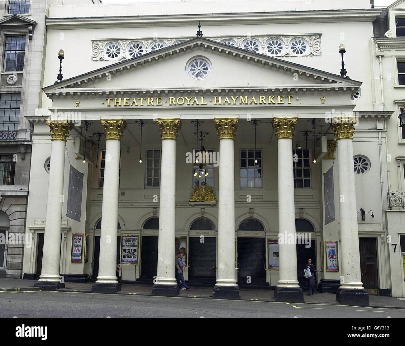 The Theatre Royal Haymarket in London, where fifteen theatre-goers were injured last night during a performance of When Harry Met Sally after plaster from the ceiling and fell in to the auditorium. Police said a chandelier came away from the ceiling and dropped 4ft before being held by its safety rope. Stock Photo