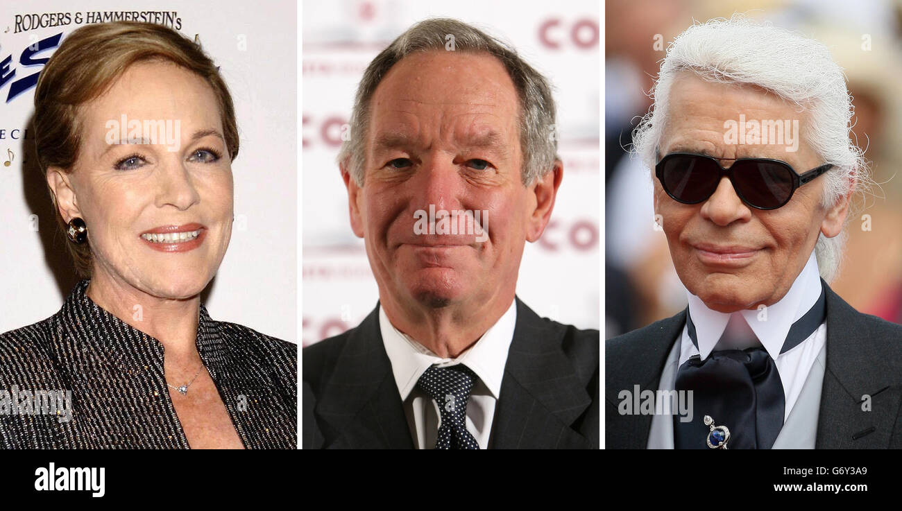 File photos of (from the left) Dame Julie Andrews, Michael Buerk and Karl Lagerfeld. Stock Photo
