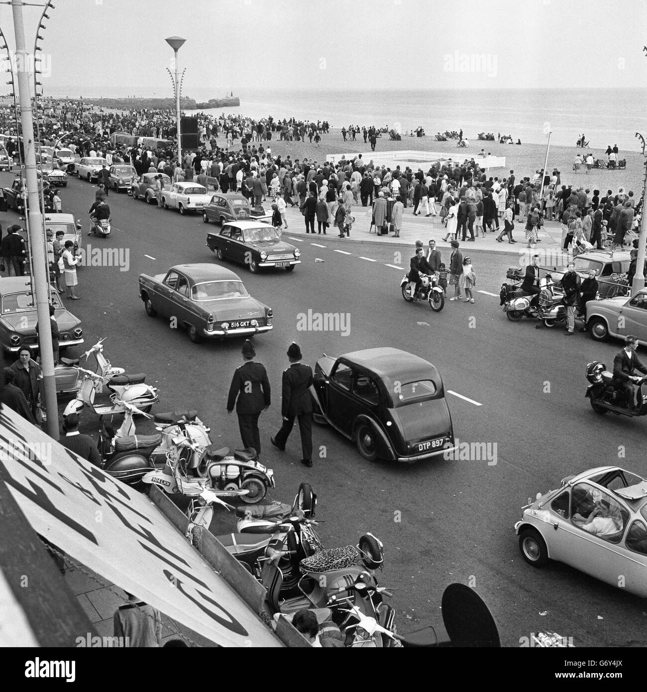 Extra police were required at Hastings, after outbreaks of trouble between Mods and Rockers, who descended on the Sussex resort. Stock Photo