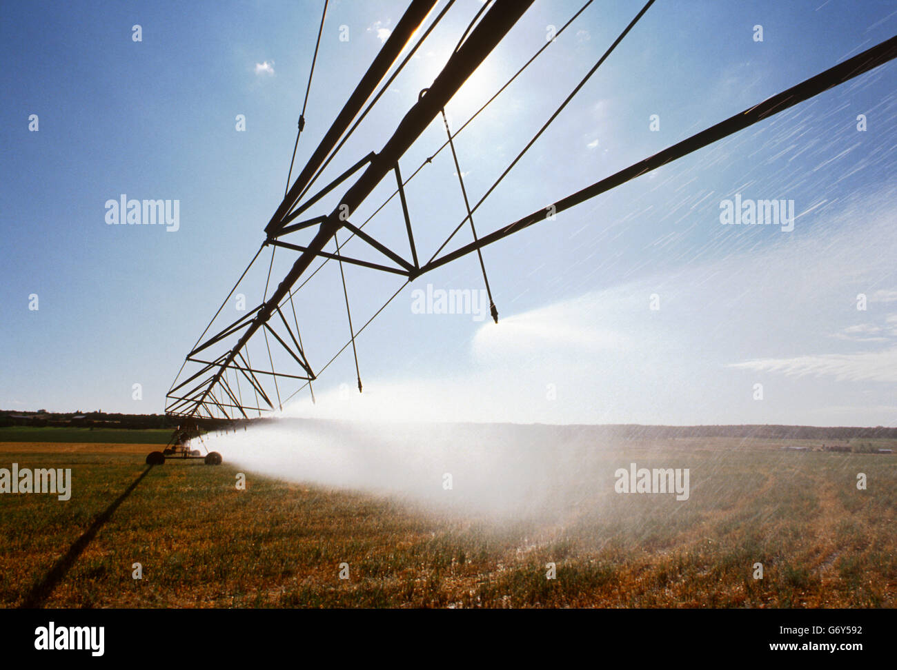 Irrigation equipment spraying water on farm fields near Cortez