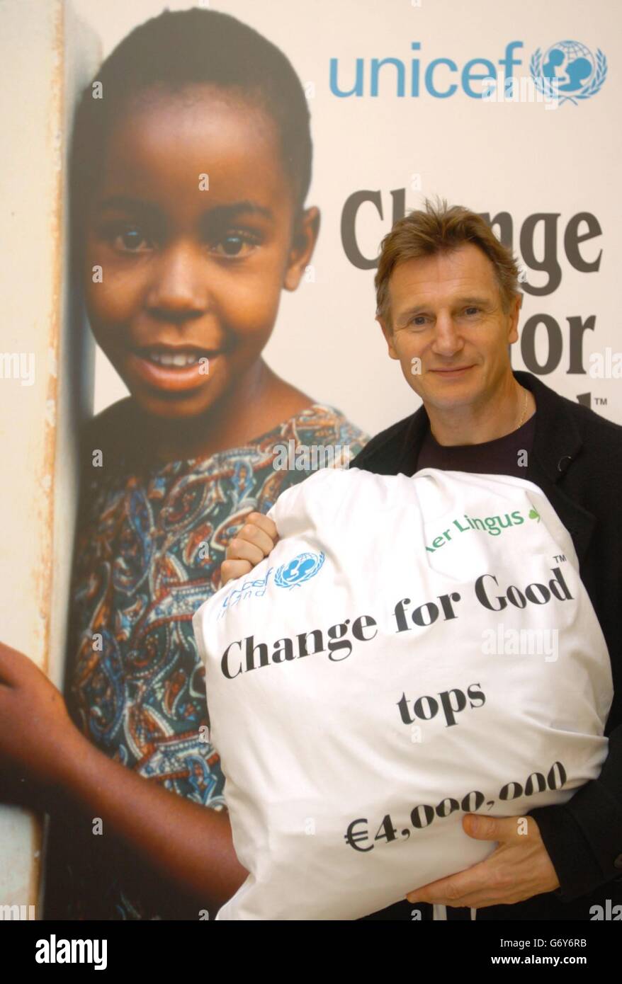 UNICEF Ireland Special Patron Liam Neeson at a photo call to celebrate the Change for Good programme which he helped launch six years agoand which has now raised in excess of 4,000,000 EURO, in Dublin, Ireland. The programme raises money from in-flight donations on Aer Lingus transatlantic flights and is distributed to UNICEF projects in 157 countries worldwide. Stock Photo