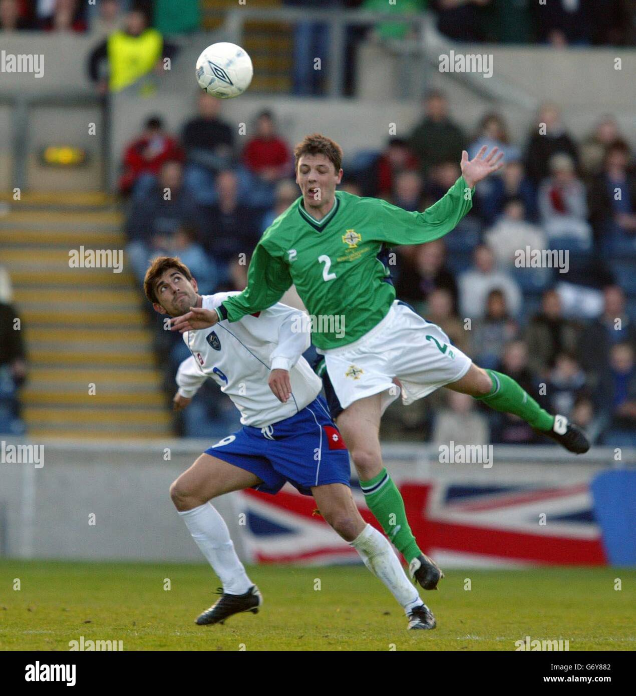 Chris Baird of Northern Ireland in action against Vegko Paunovic of Serbia and Montenegro, during their International Friendly at Windsor Park, Belfast. Stock Photo