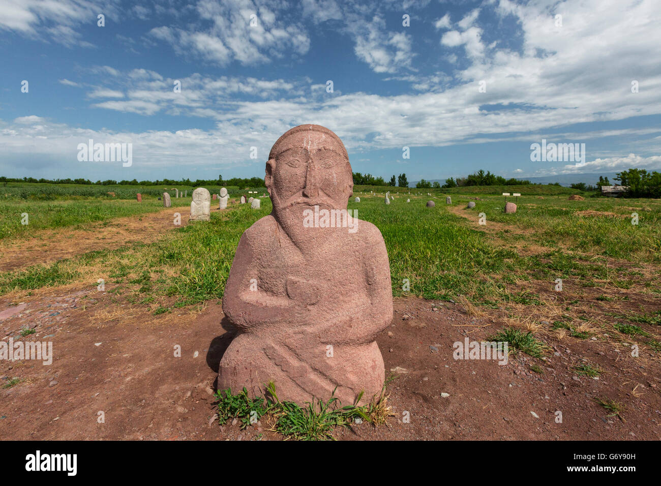 Memorial tombstones known as Balbas, in the ancient site known as Balasagun, Bishkek, Kyrgyzstan Stock Photo