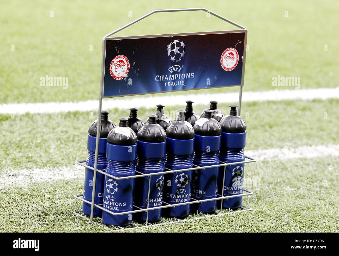 Detail view of Uefa Champions League water bottles in a carrier Stock
